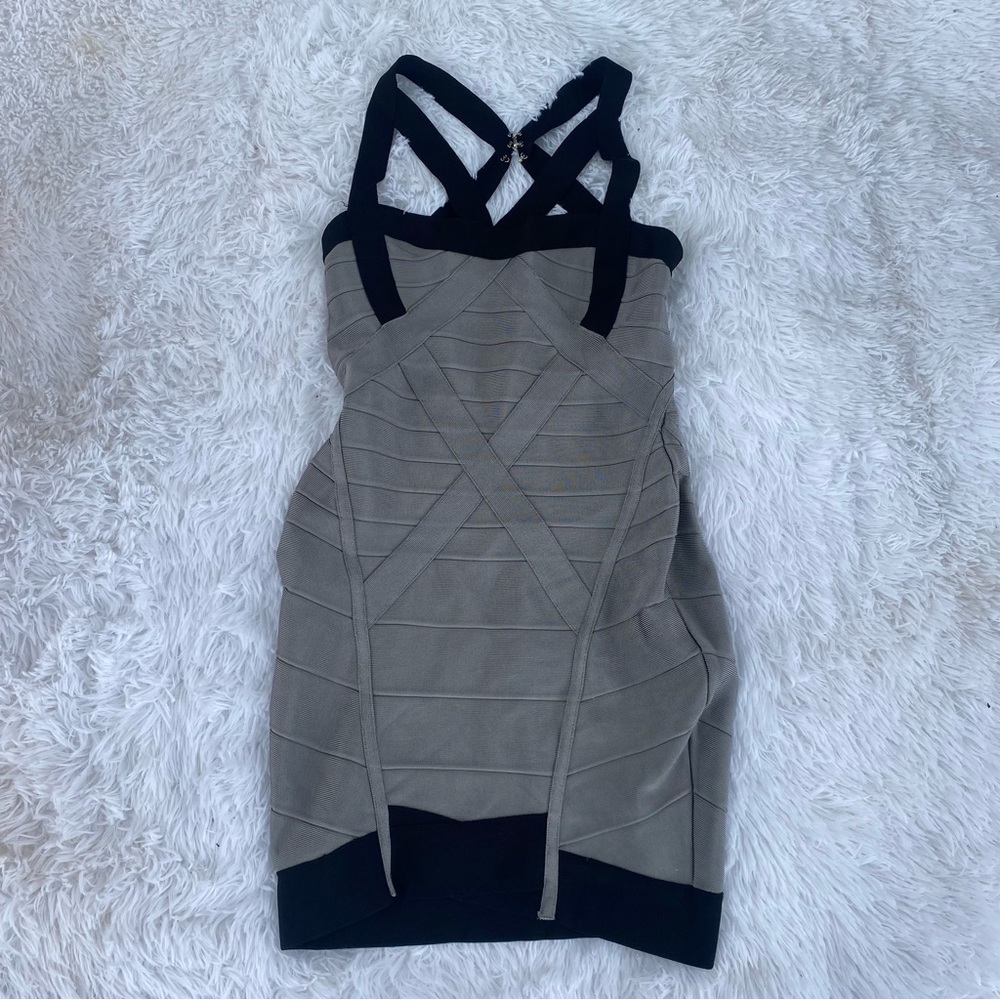Herve Leger Taupe and Black Bandage Midi Dress